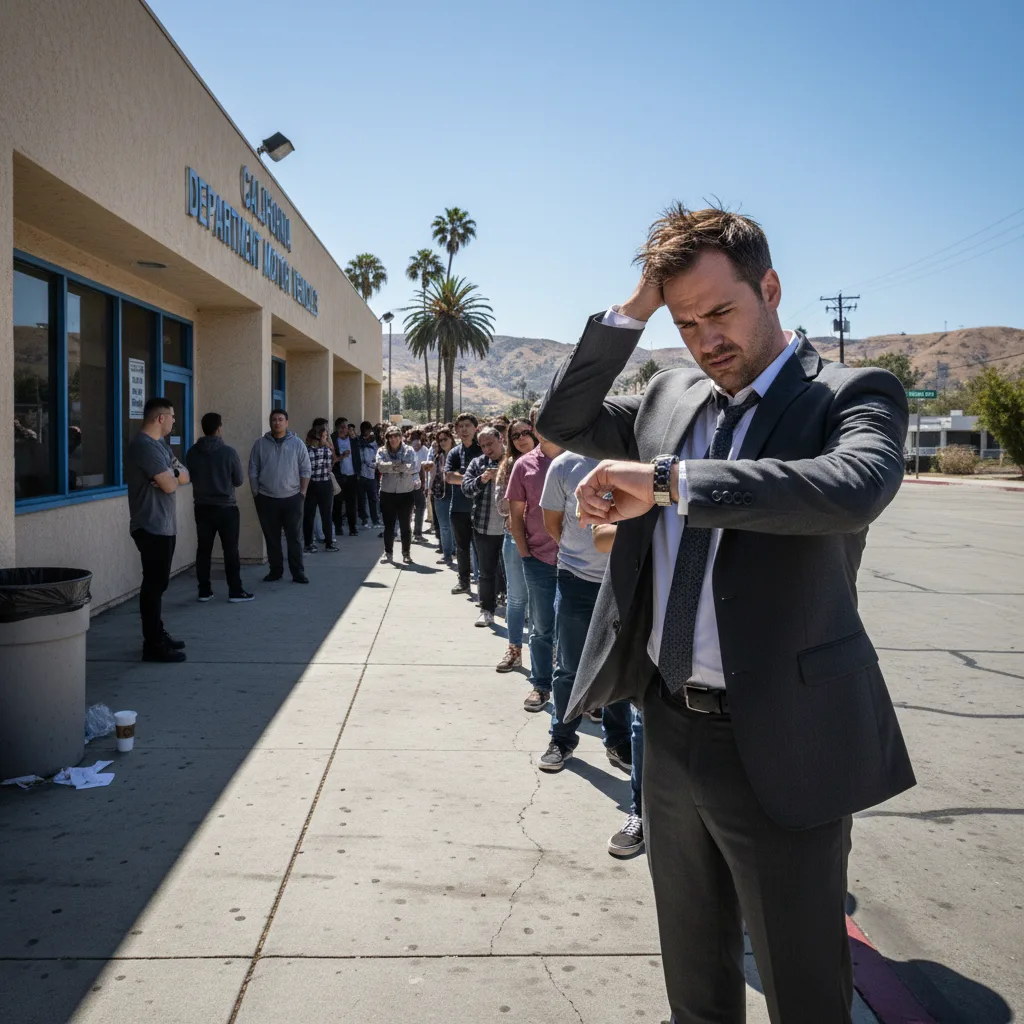 Frustrated businessman in suit waiting in long DMV line
