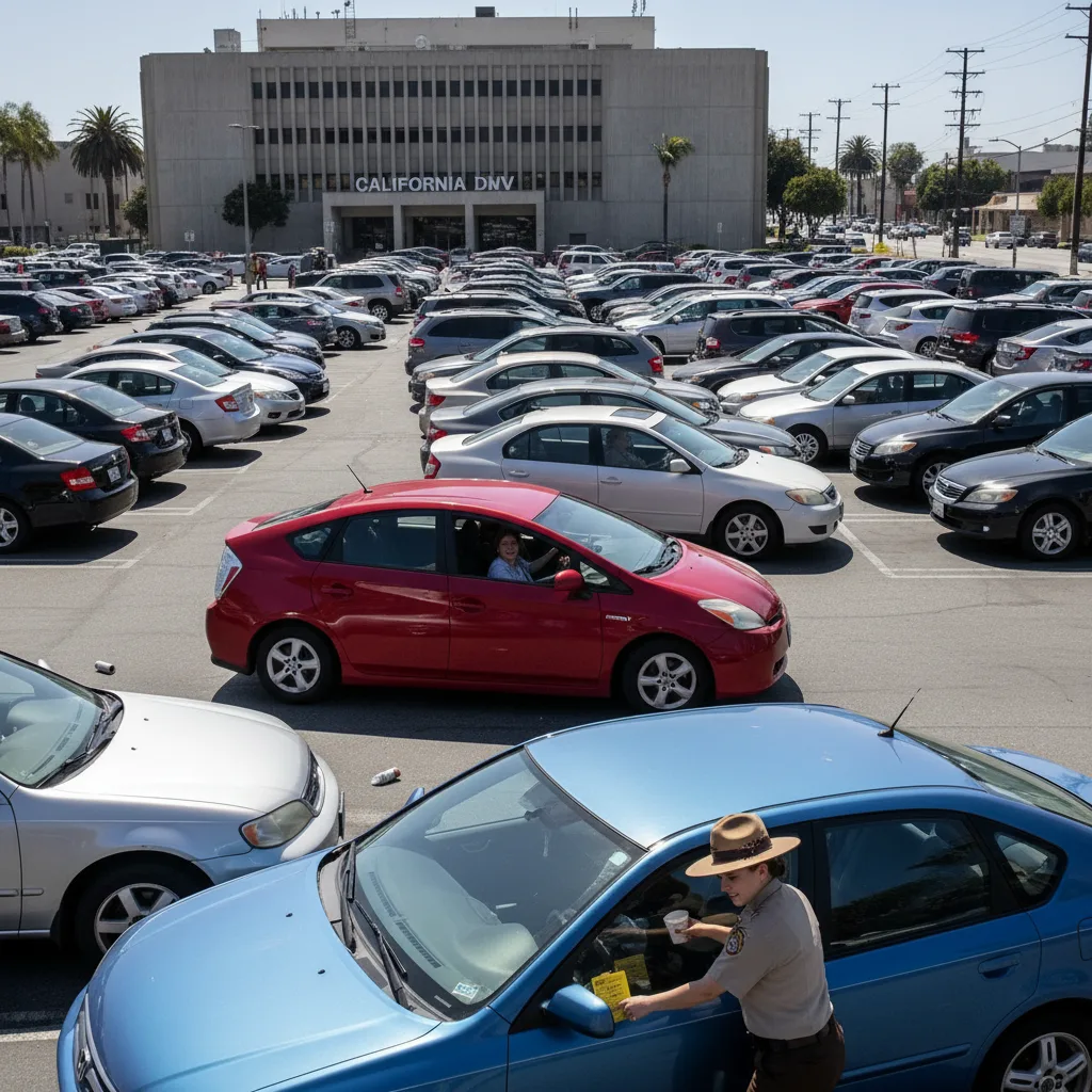 Full California DMV parking lot with cars circling for spots