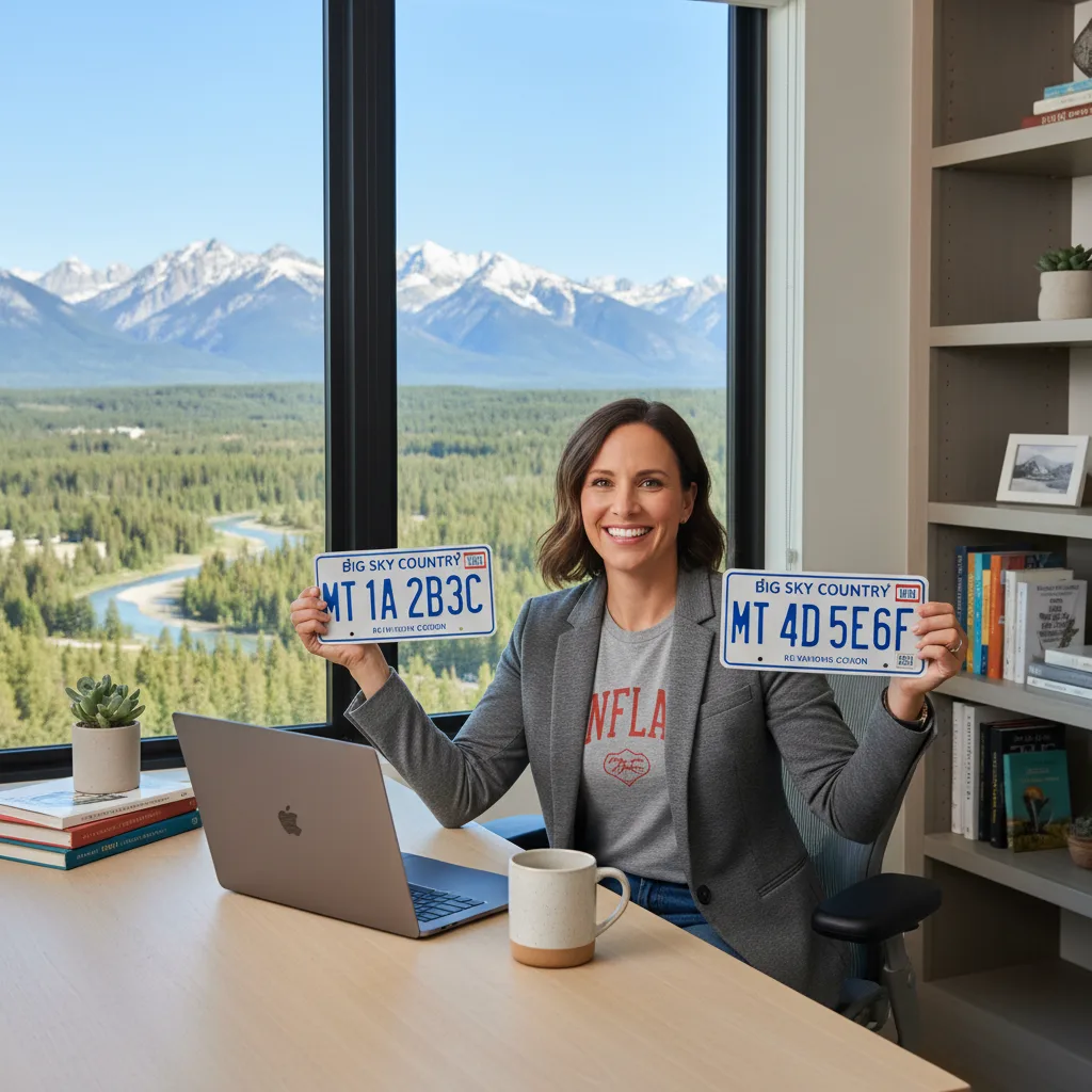 Happy professional in home office with Montana license plates