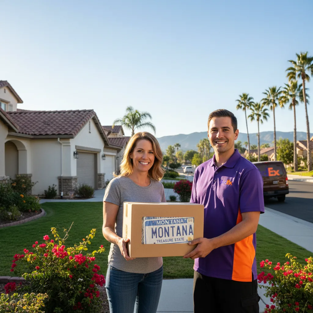 FedEx delivery person delivering Montana license plates to homeowner