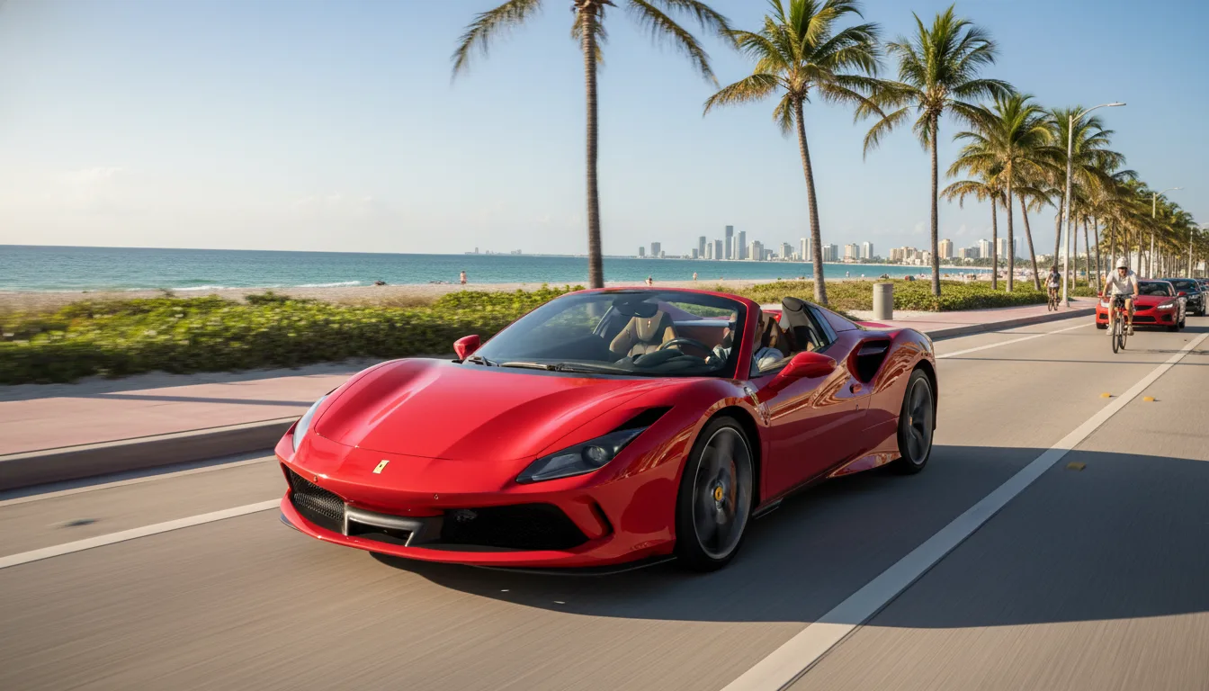 Red Ferrari convertible on A1A coastal highway Florida