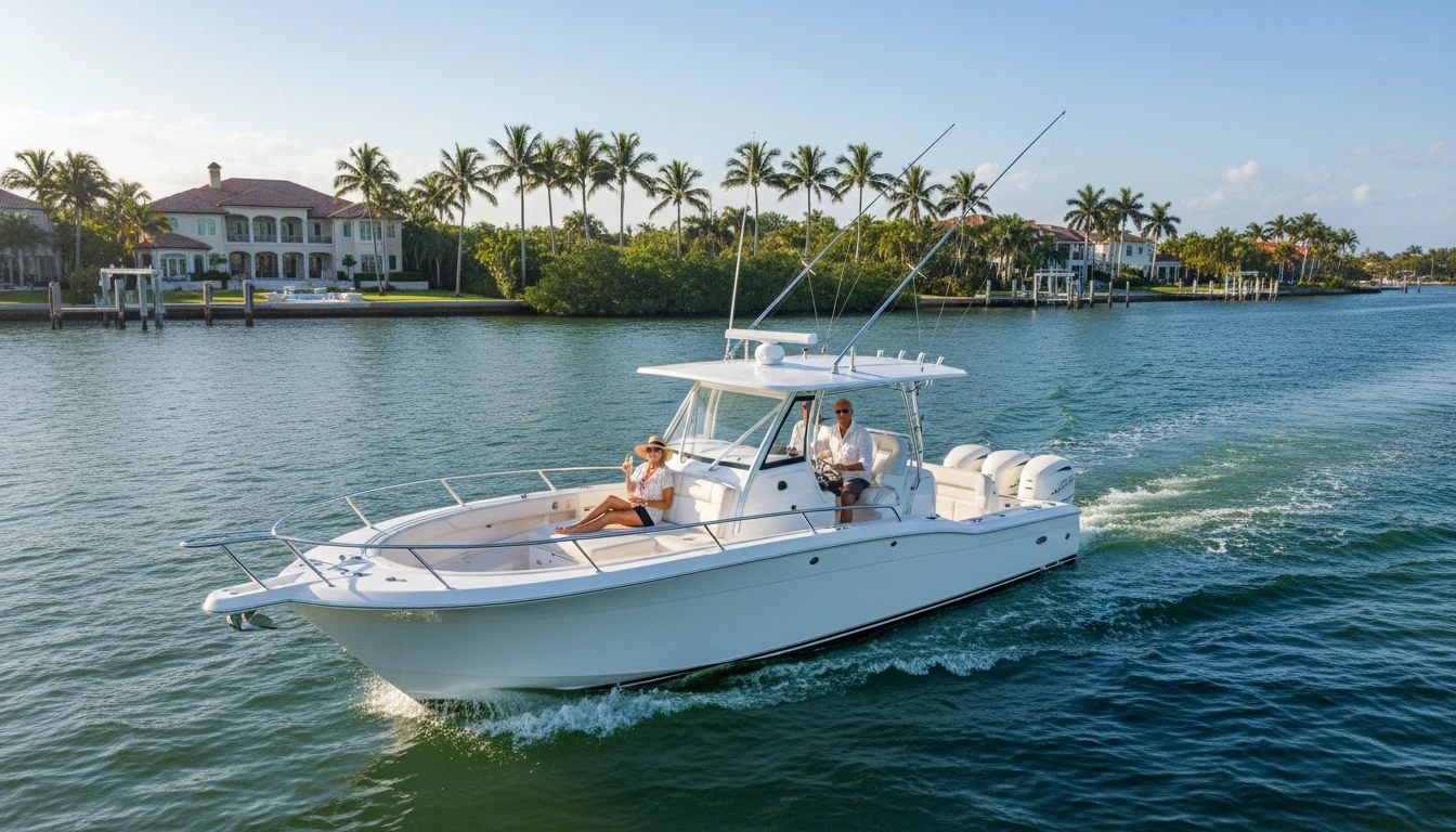 Luxury boat on Florida Intracoastal waterway with palm trees