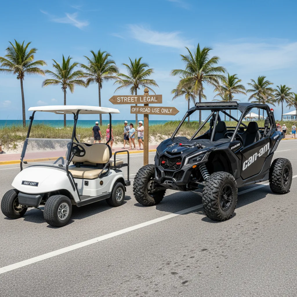 Golf cart next to Can-Am Maverick X3 UTV showing Florida road access contradiction