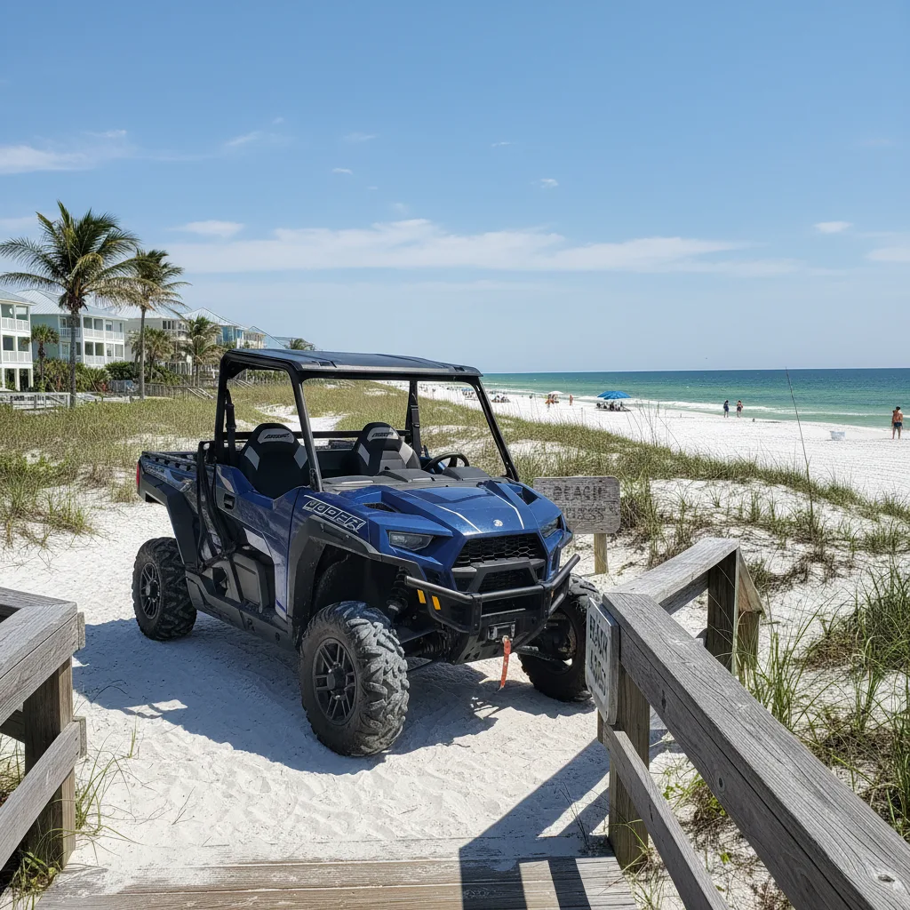 UTV at beach access point in Destin Florida Panhandle with emerald Gulf waters