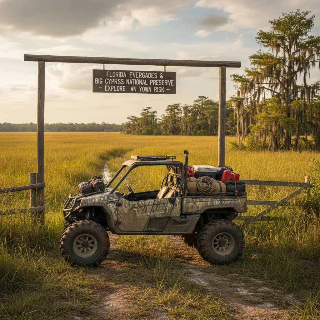 Swamp buggy UTV at Florida Everglades entrance gate Big Cypress wilderness