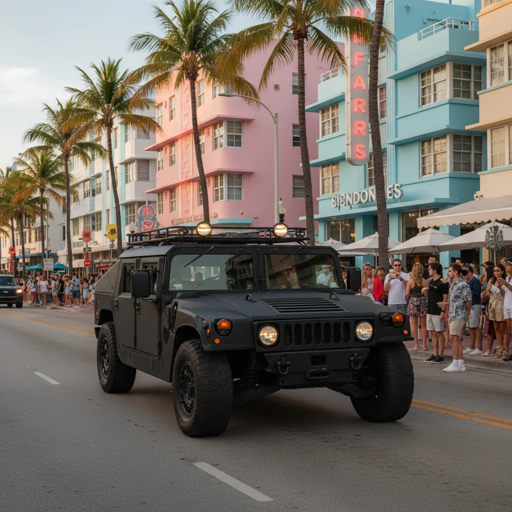 Customized matte black Humvee driving on Ocean Drive Miami Beach South Beach