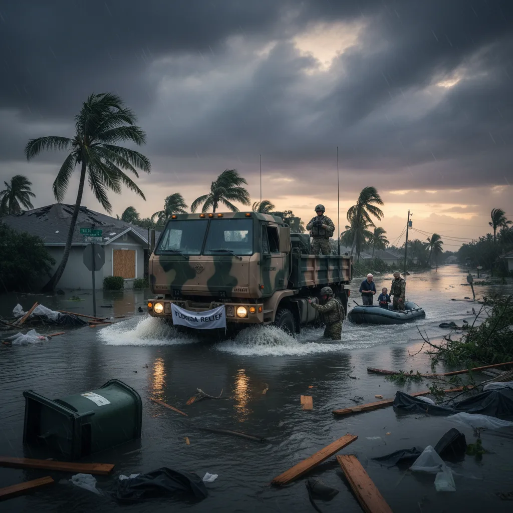 Military LMTV tactical truck navigating flooded Florida street after hurricane