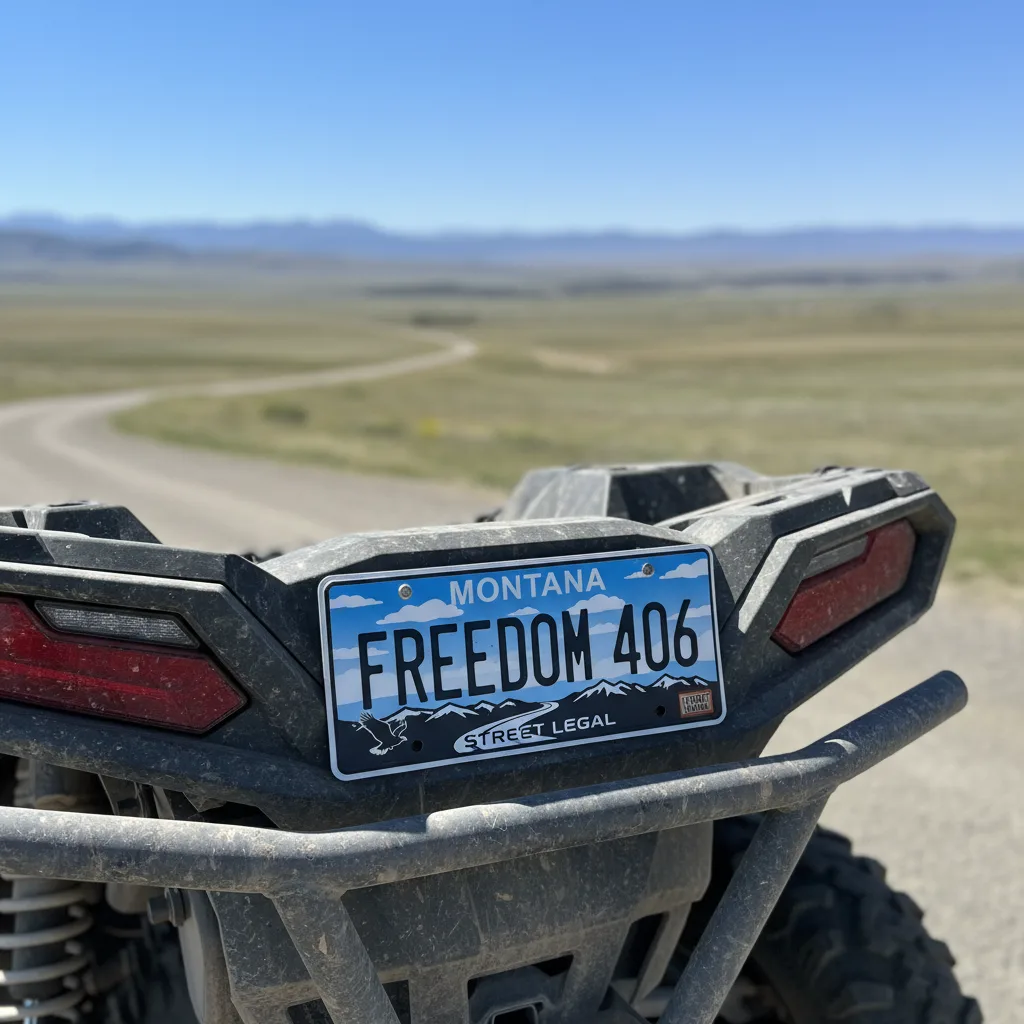 Montana license plate mounted on Polaris RZR UTV street legal registration