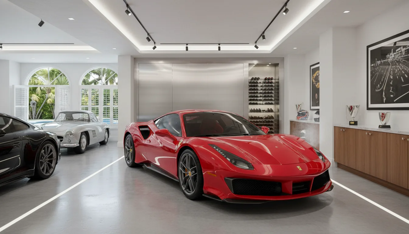 Red Ferrari in climate controlled garage - exotic car collector in Naples Florida