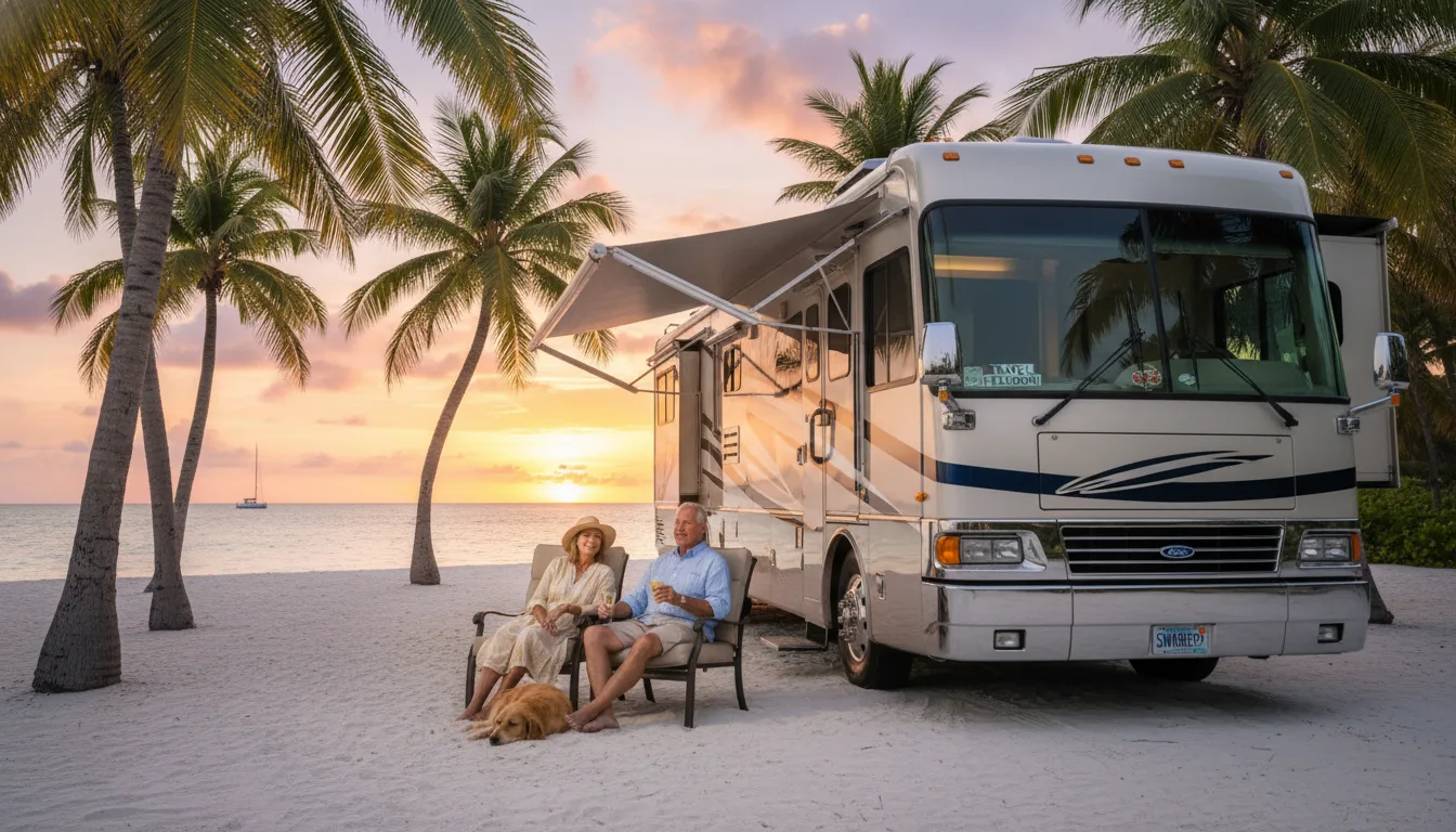 Luxury Class A motorhome RV at Florida Keys - snowbird retirement lifestyle