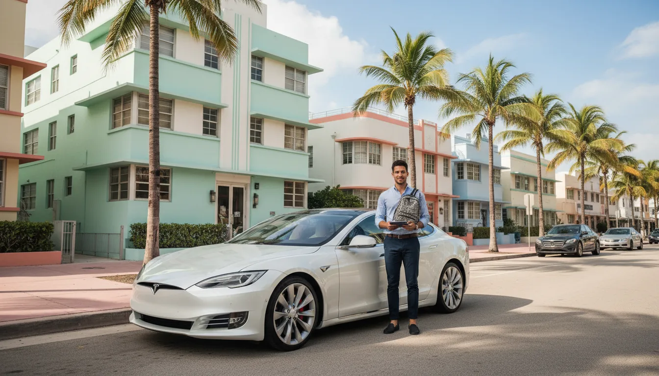 White Tesla Model S in Miami Beach Art Deco district - young tech professional lifestyle
