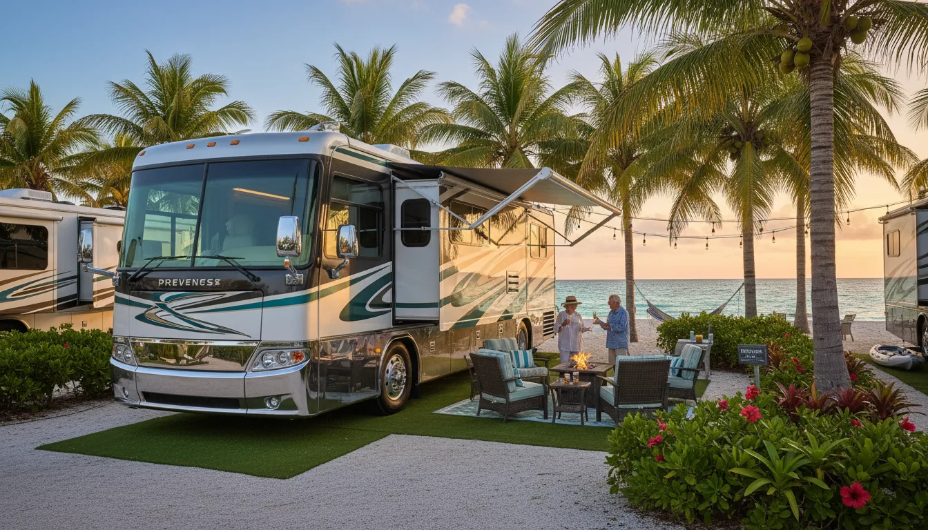 Luxury Prevost Class A motorhome at Florida Keys tropical campsite