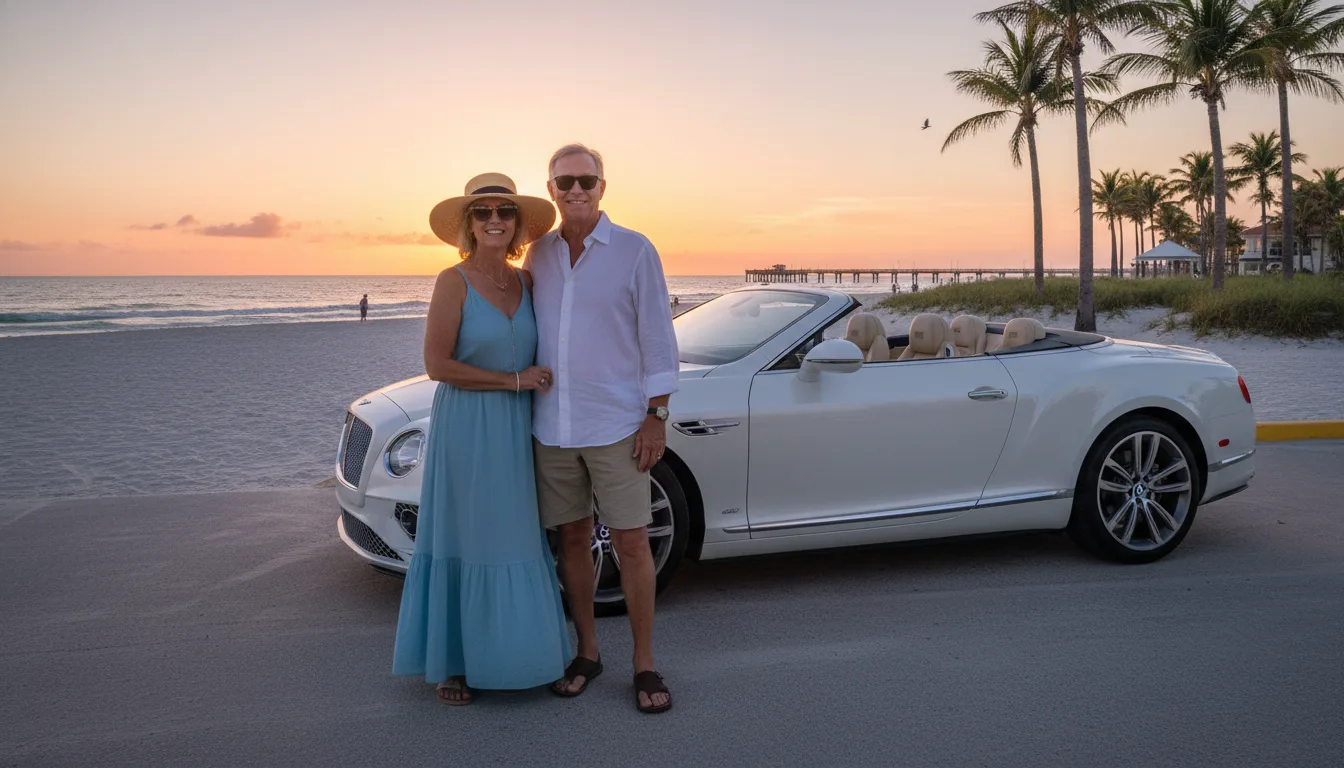 Retired couple snowbirds on Florida beach with luxury car