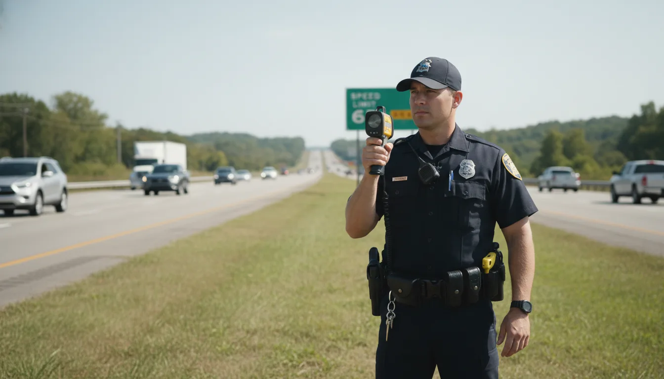 Police officer with radar speed gun enforcing speed limits on highway