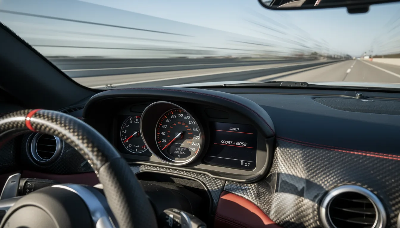 Luxury sports car speedometer showing over 100 mph - dangerous excessive speeding