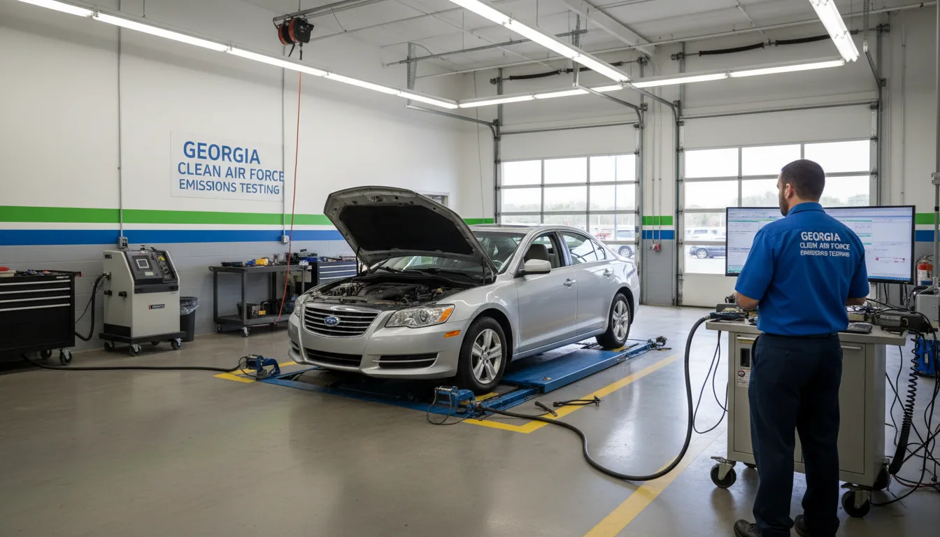Georgia Clean Air Force emissions testing station with car on testing equipment