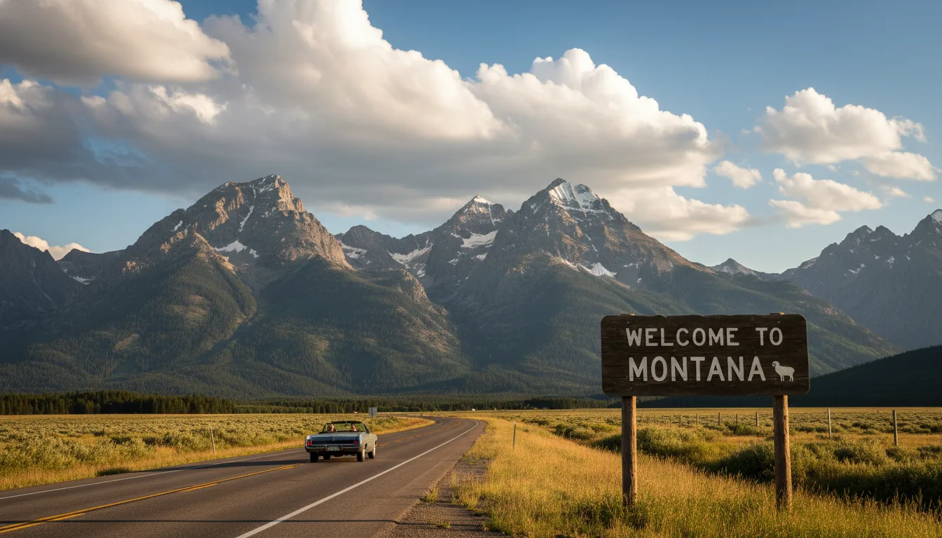 Welcome to Montana road sign with Rocky Mountain landscape