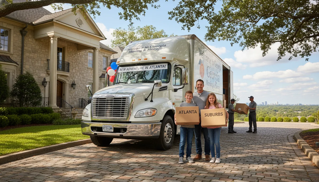 Moving truck at luxury home in Georgia suburb with family relocating