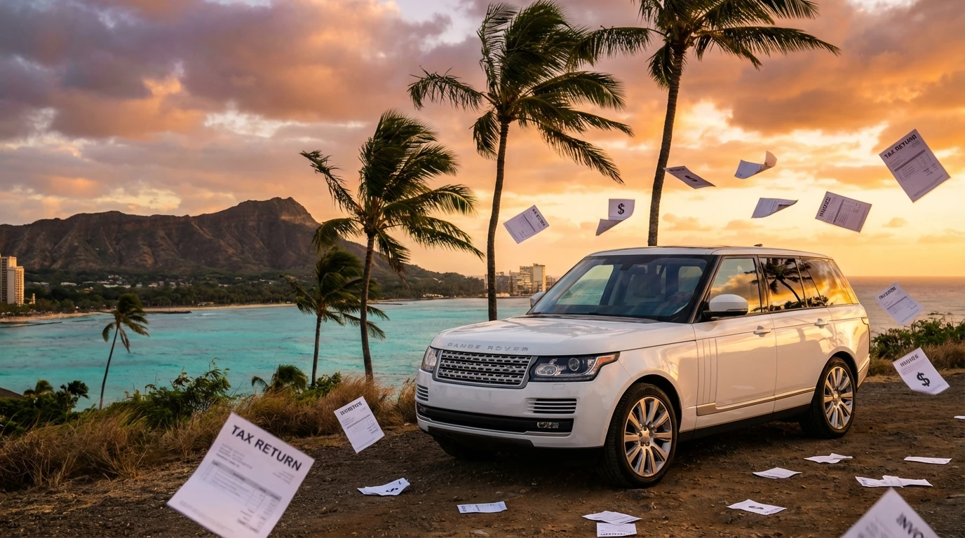 Hawaii vehicle tax luxury SUV at scenic beach overlook