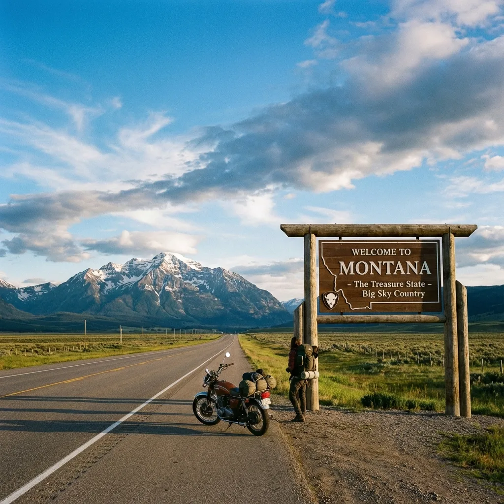 Welcome to Montana road sign with mountains