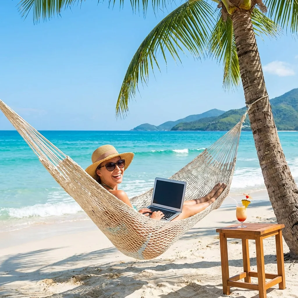 Person relaxing in beach hammock with laptop