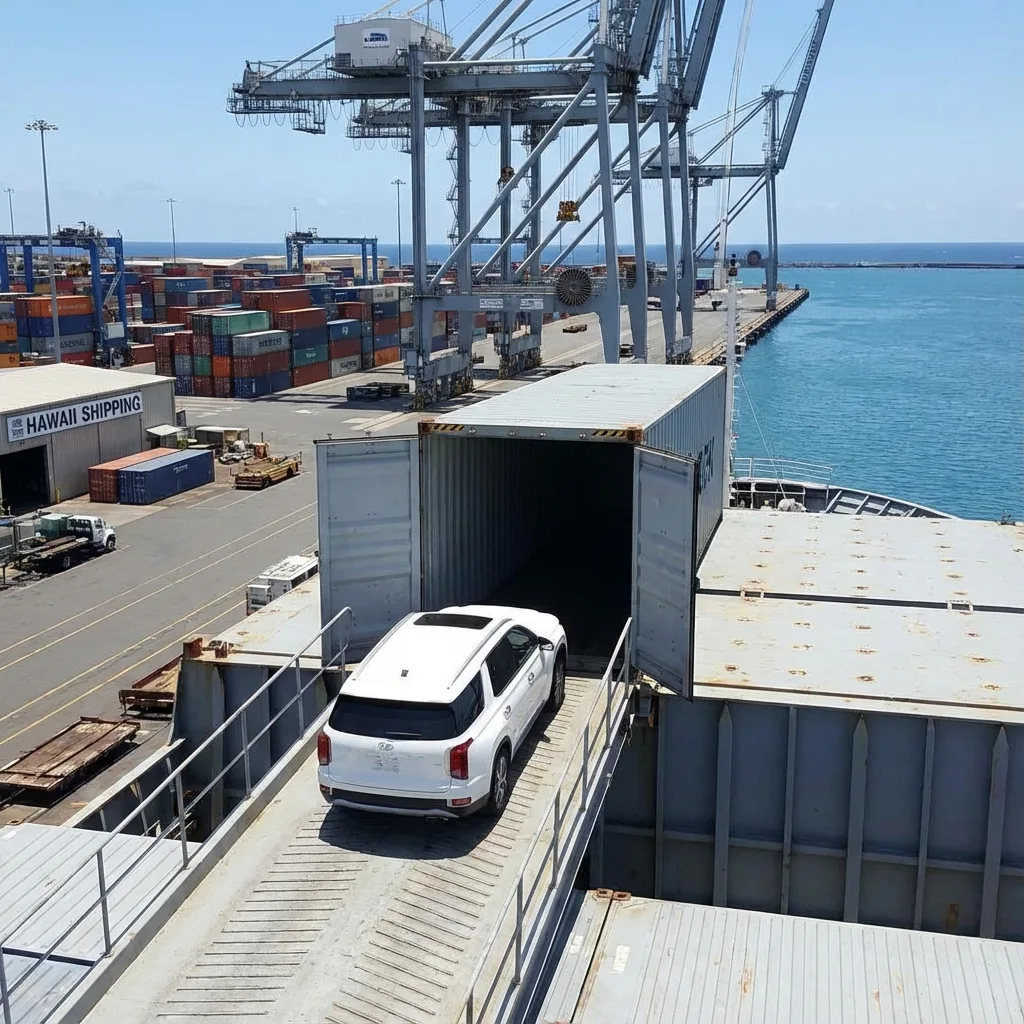 Car being loaded onto cargo ship for Hawaii