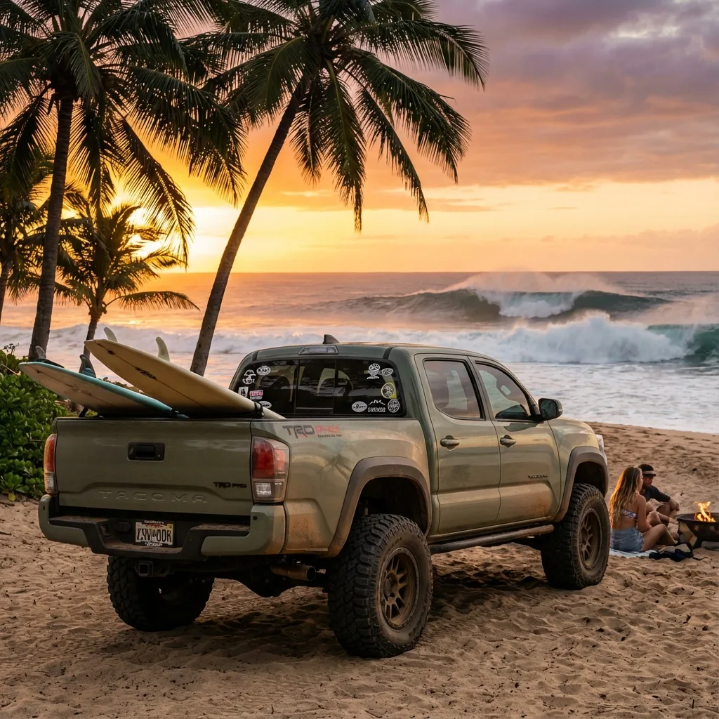 Toyota Tacoma with surfboards at Hawaii beach