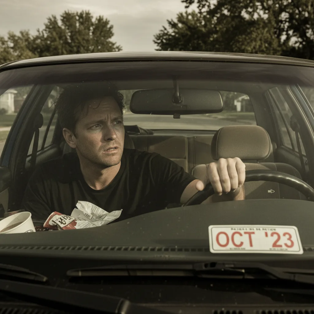 Stressed driver checking rearview mirror with expired registration