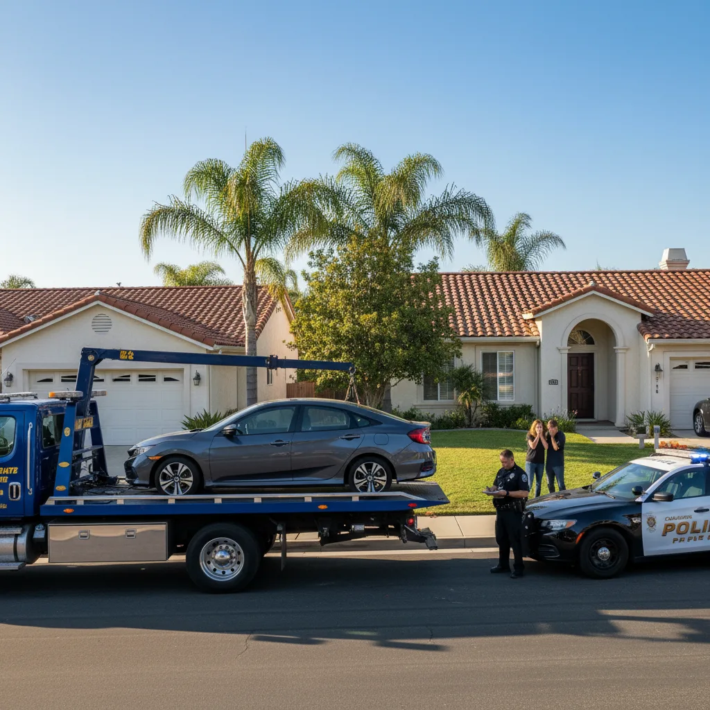 Tow truck impounding car for expired registration in California