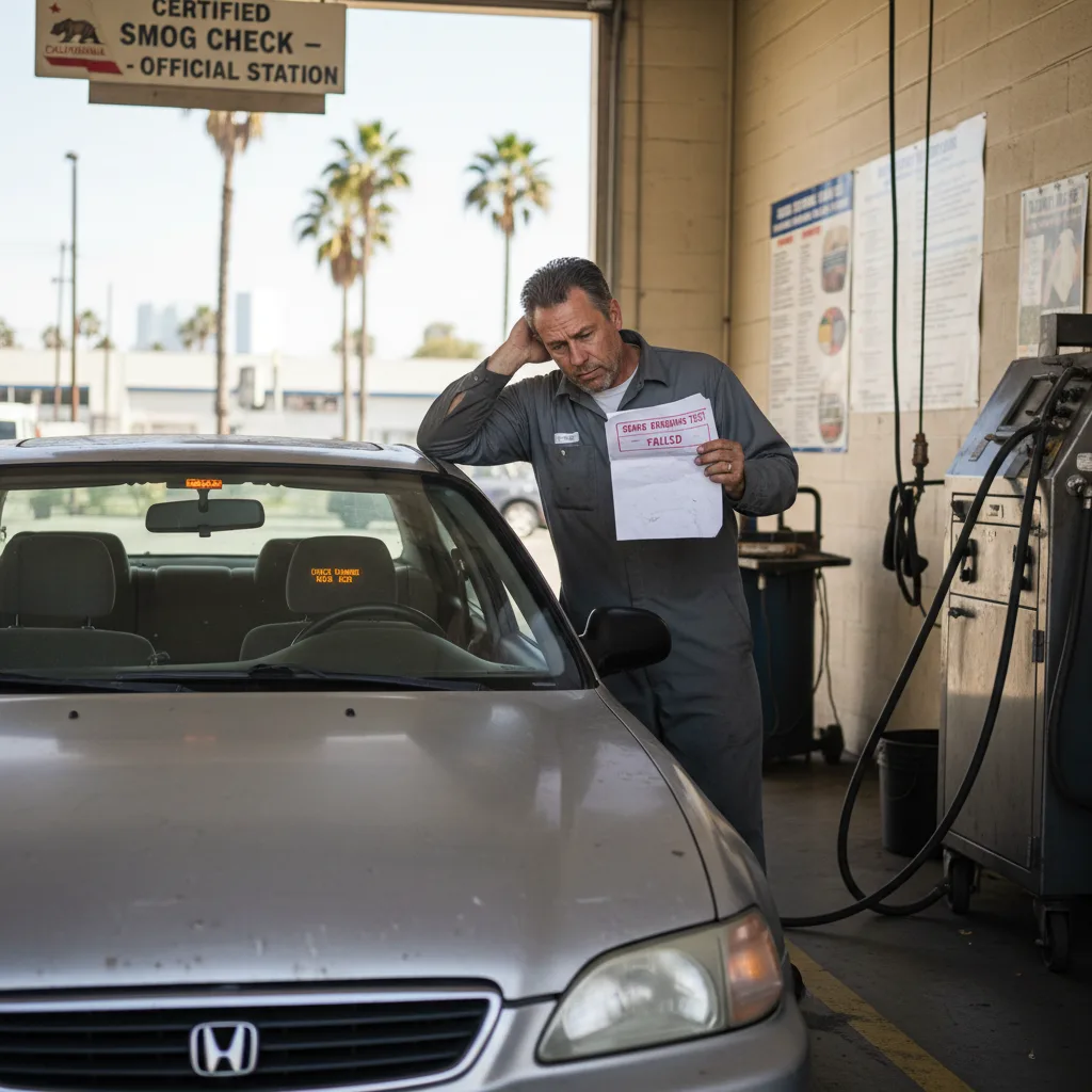 Car failing smog check at California station