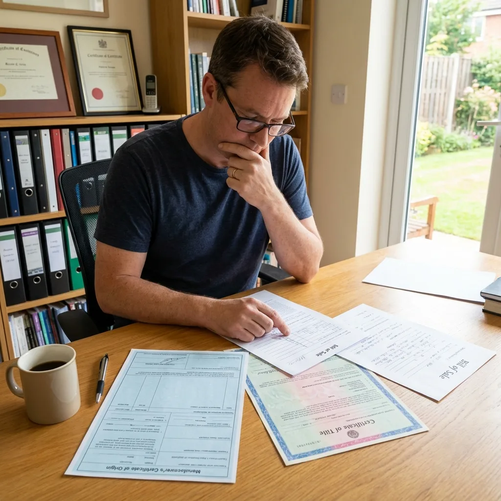 Person reviewing certificate of origin vs title ownership documents