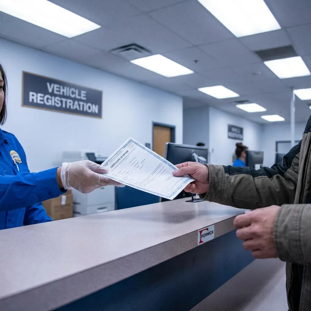 Certificate of origin to title exchange process at DMV counter