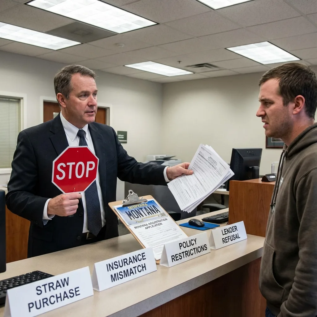 Bank manager holding stop sign blocking Montana registration with policy restrictions