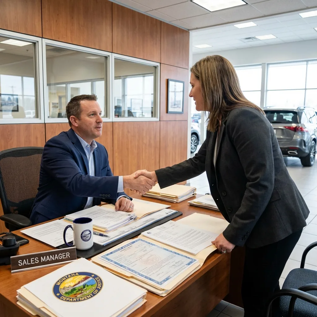 Car dealer and bank representative perfecting lien with Montana title paperwork
