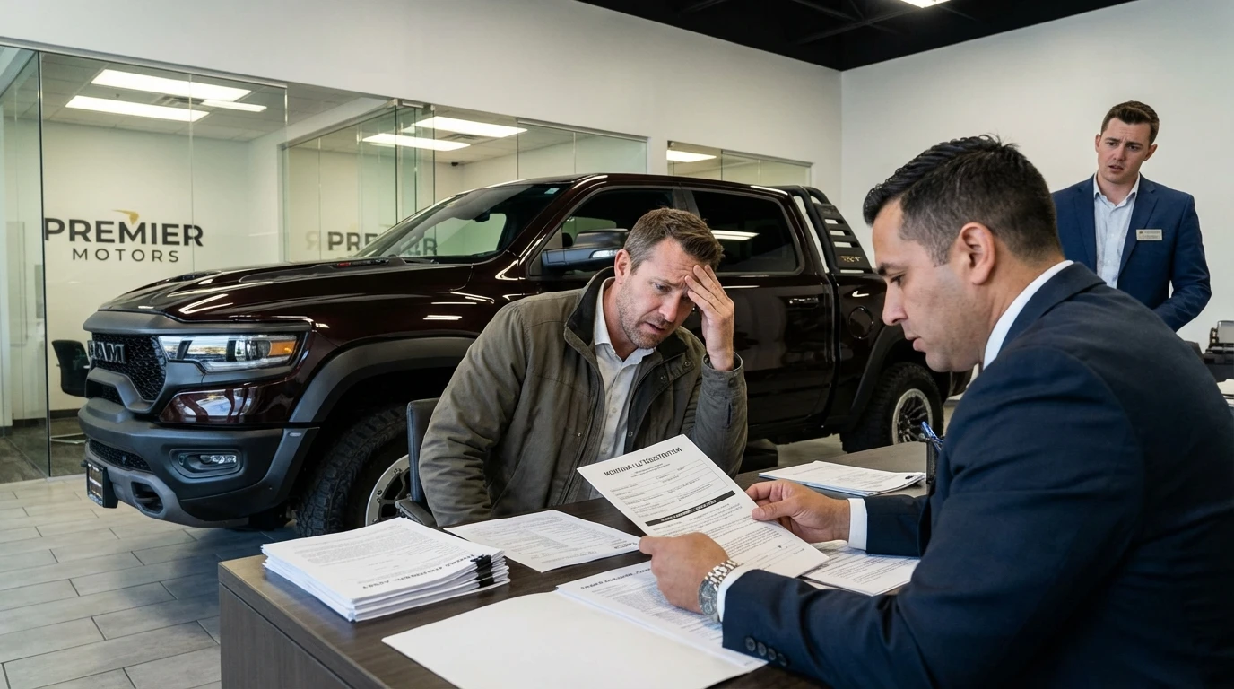 Title transfer with lienholder complexity at dealership with bank loan officer reviewing Montana documents