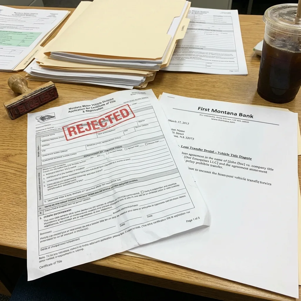 DMV rejection letter on Montana LLC title application with red REJECTED stamp