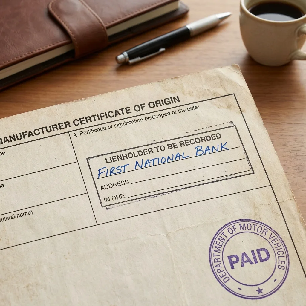 Manufacturer Certificate of Origin MCO document with lienholder section filled in