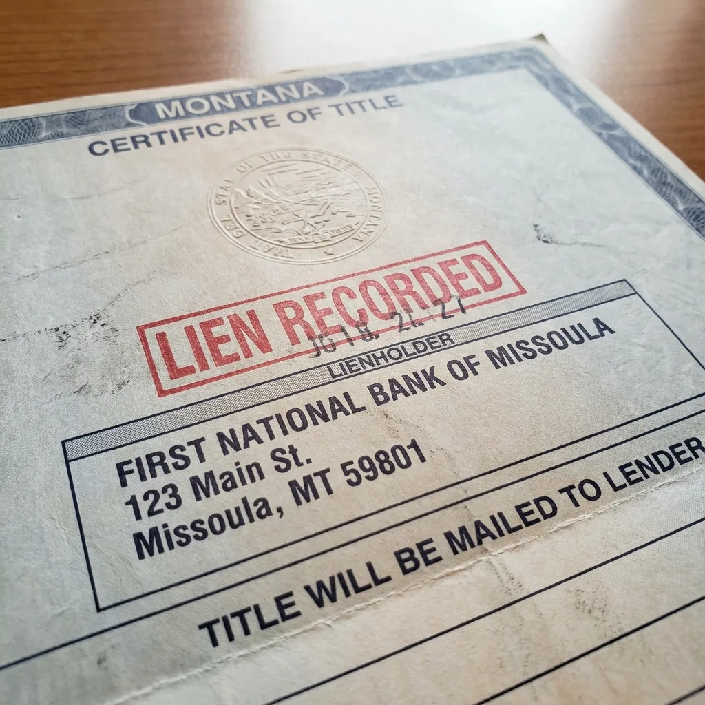 Physical vehicle title certificate with lien notation stamped and bank name printed