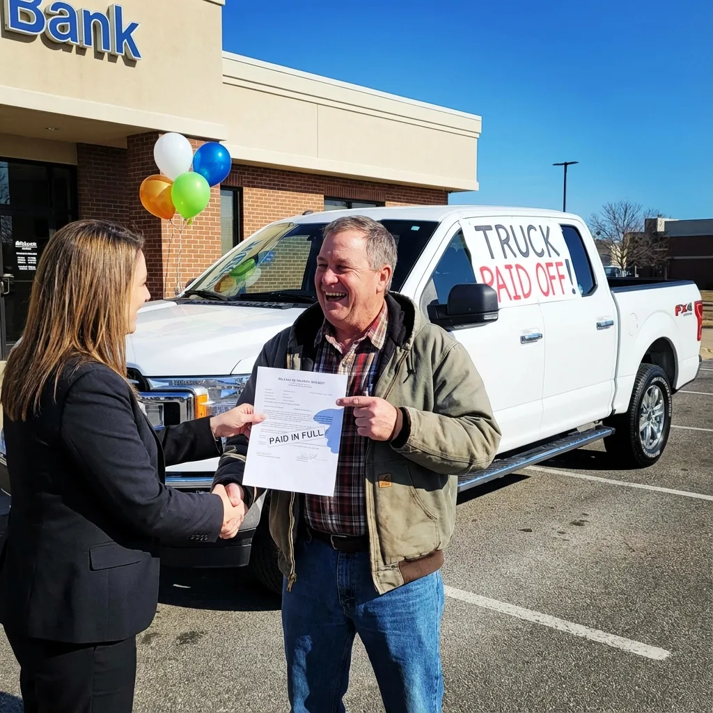 Happy vehicle owner receiving Release of Security Interest document after final loan payment