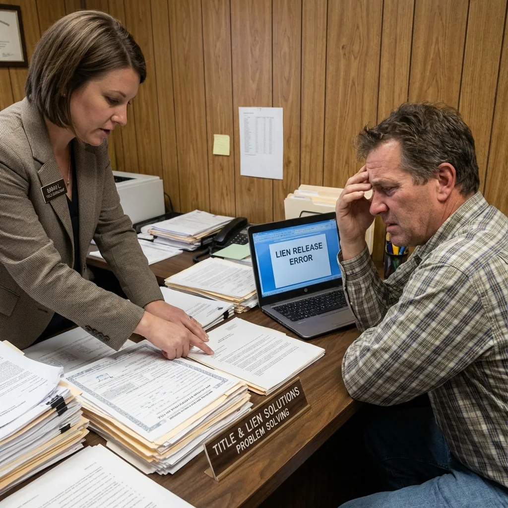 Professional consultant troubleshooting title transfer with lienholder issues and Montana DMV forms