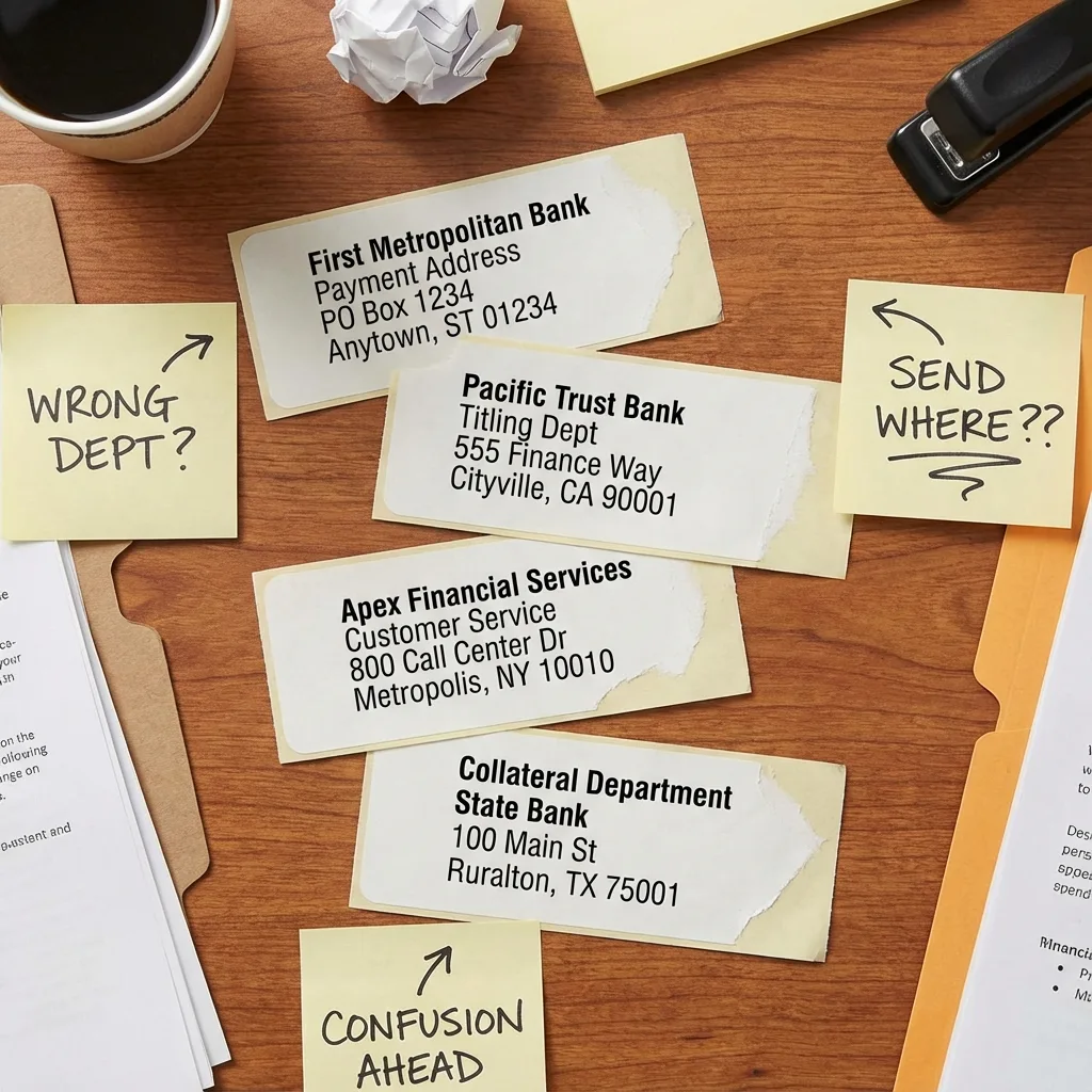 Multiple bank addresses scattered showing payment address titling address customer service address confusion