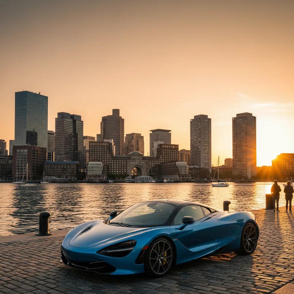 Luxury sports car along Boston Back Bay waterfront with Seaport District skyline at dusk