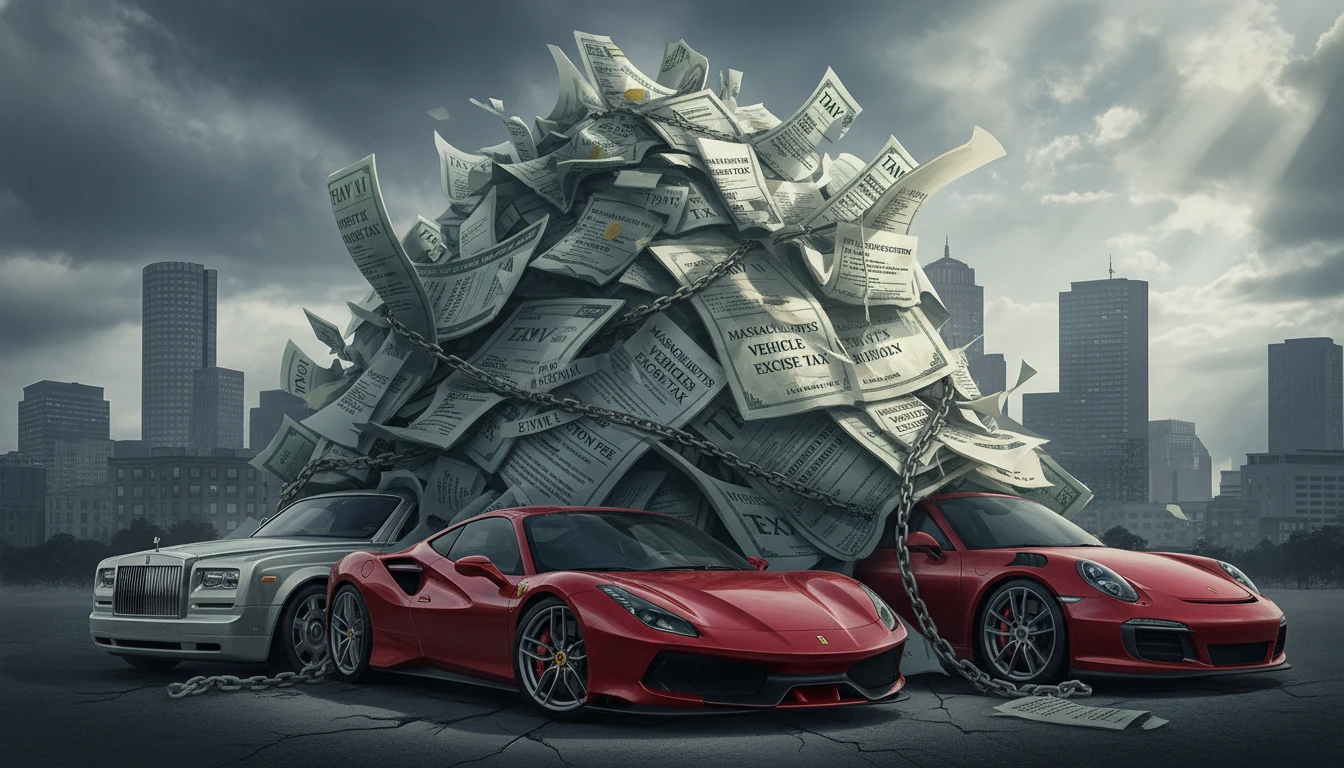 Massachusetts vehicle tax burden concept with luxury cars and tax paperwork Boston skyline