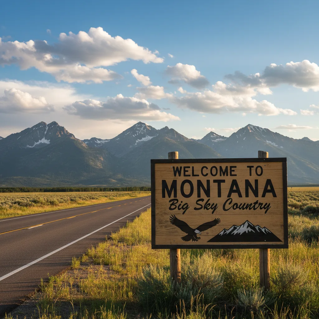 Welcome to Montana road sign with Big Sky Country mountain landscape