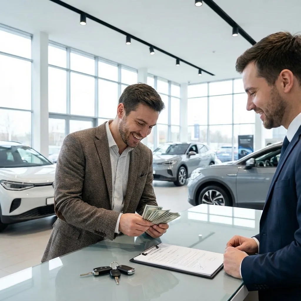 Customer paying cash at car dealership for new vehicle