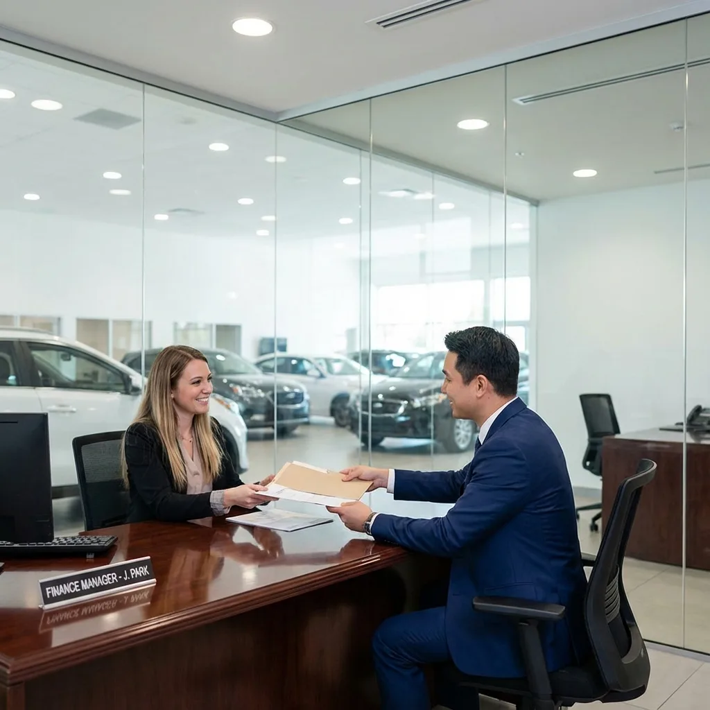 Car dealership finance manager handing over MCO documents to customer