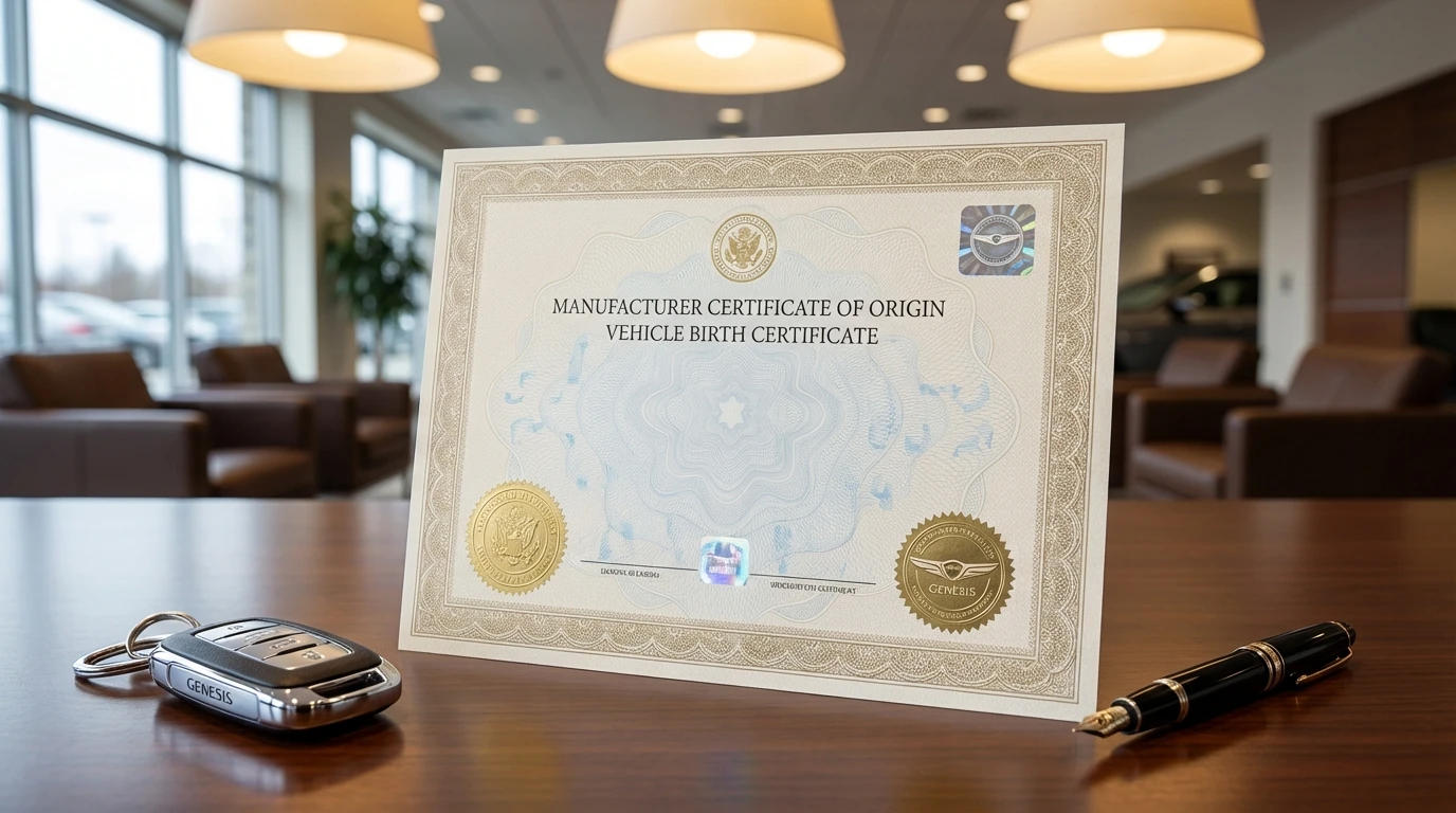 Manufacturer certificate of origin document with security features on dealership desk