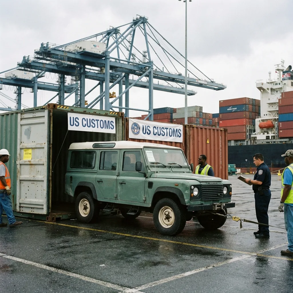 Classic Land Rover Defender being imported at US port customs