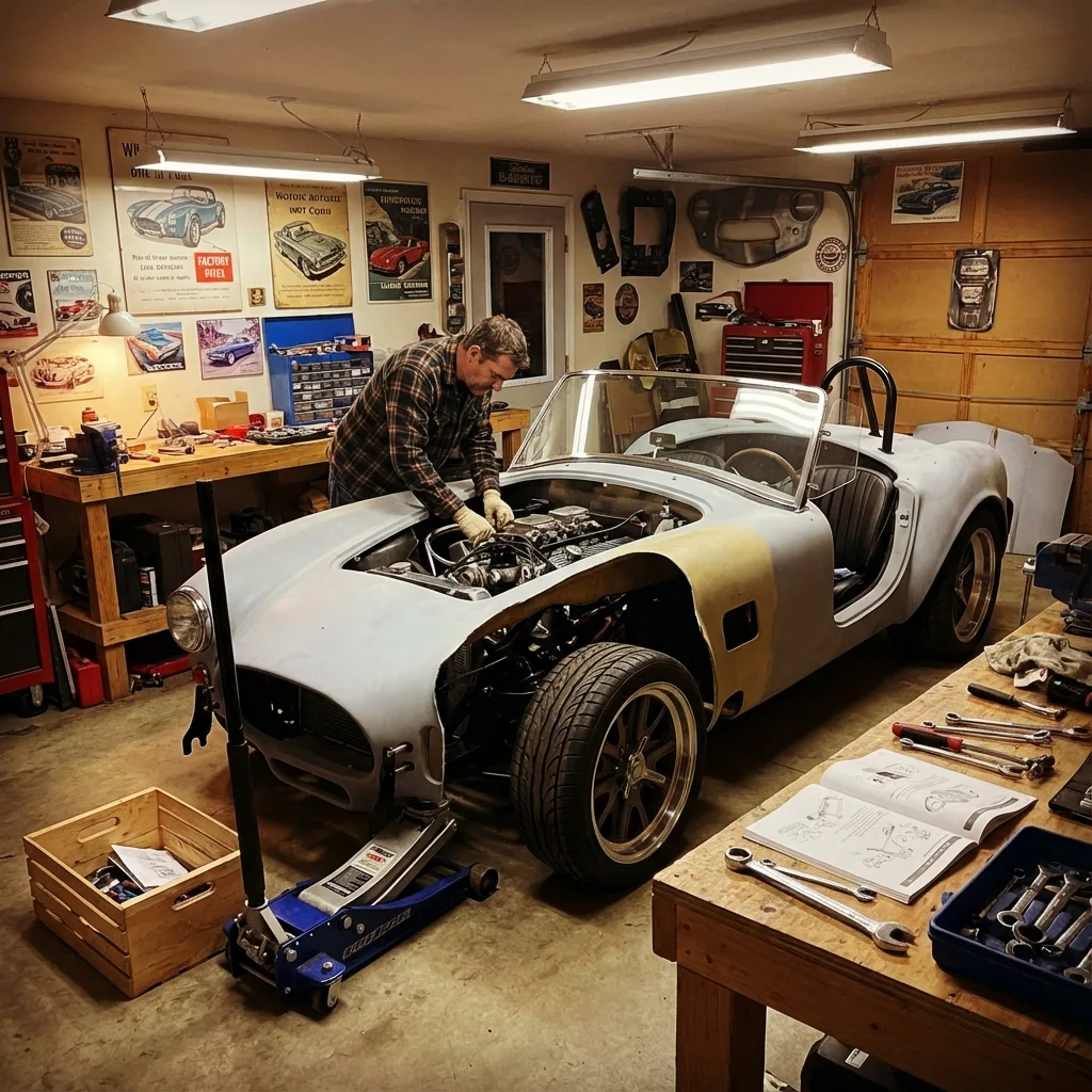 Shelby Cobra kit car being assembled in home garage workshop