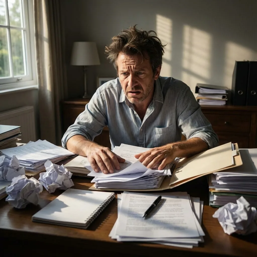 Frustrated person searching through papers for lost MCO document